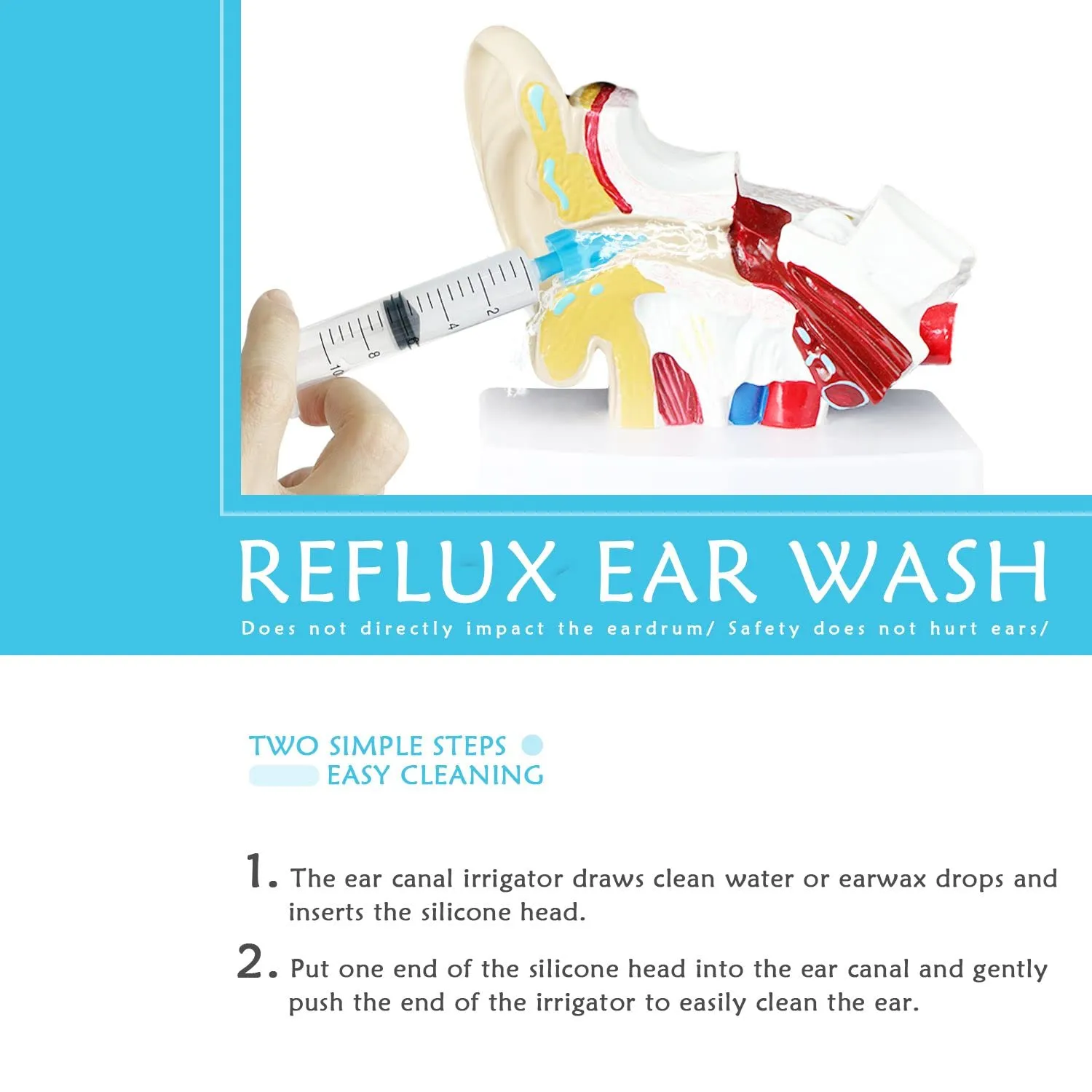 2 Children's syringe ear washer, ear cleaner, earwax remover, 3-hole water outlet, reusable, easy to use, safe and comfortable, suitable for children and adults
