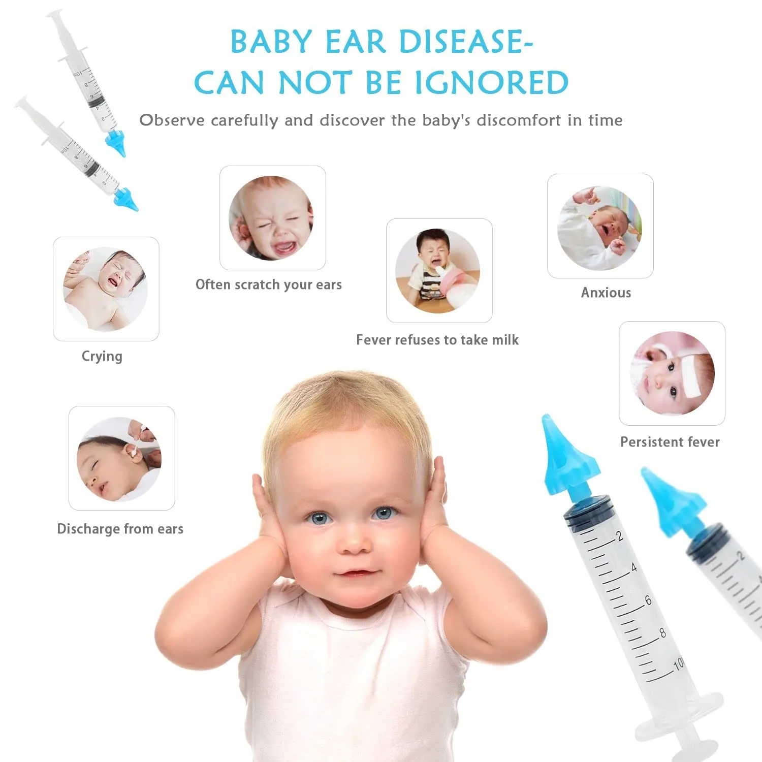 2 Children's syringe ear washer, ear cleaner, earwax remover, 3-hole water outlet, reusable, easy to use, safe and comfortable, suitable for children and adults