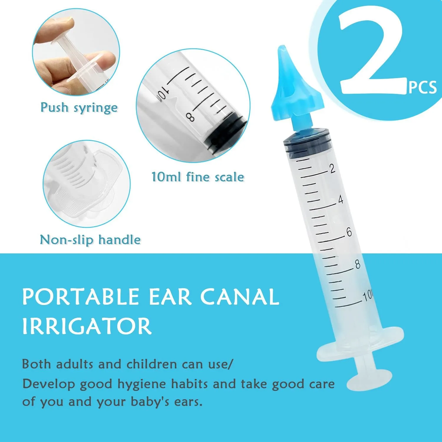 2 Children's syringe ear washer, ear cleaner, earwax remover, 3-hole water outlet, reusable, easy to use, safe and comfortable, suitable for children and adults