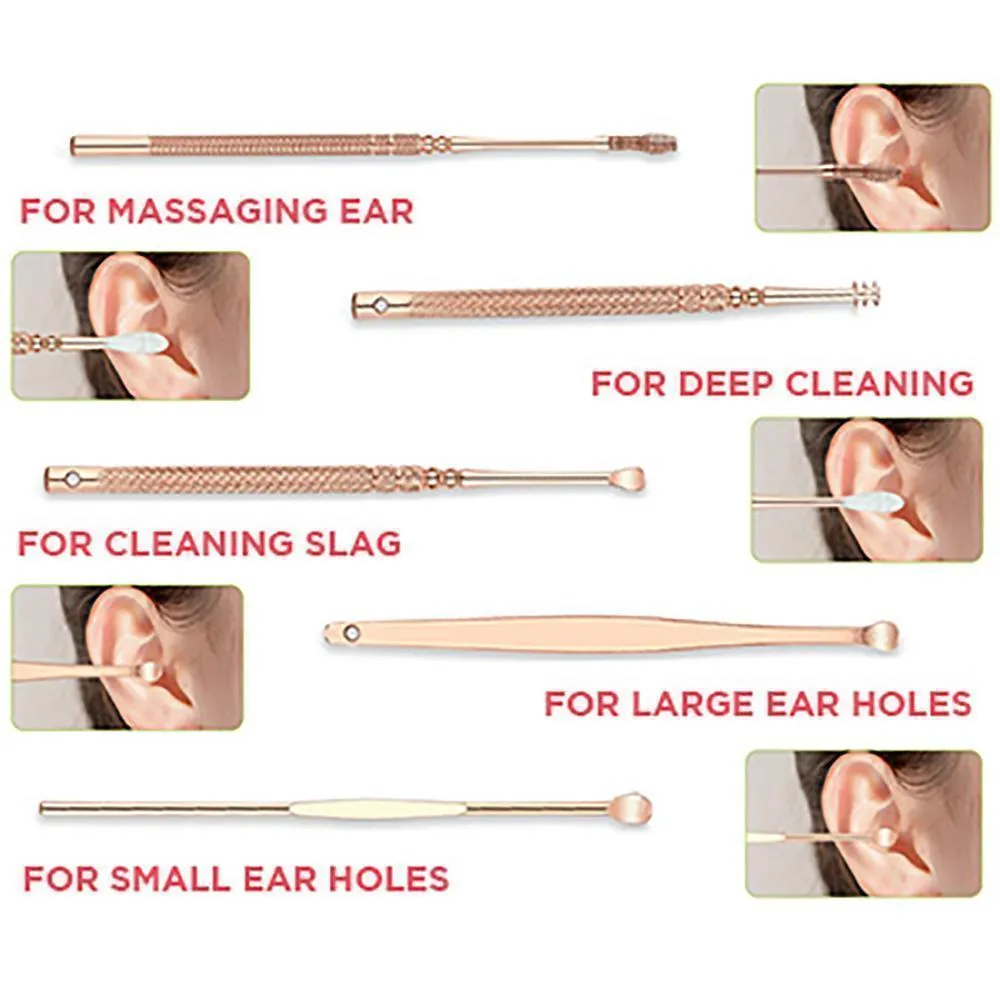 6pcs set Stainless Steel Ear Pick Ear Wax Remover Cleaner Tool Rose Gold