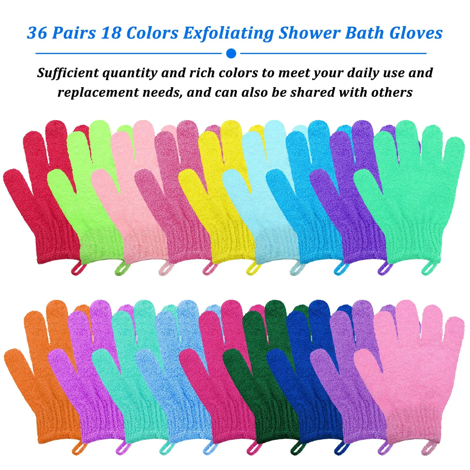 72 Pieces Exfoliating Glove Double Sided Shower Gloves with Hanging Loop Exfoliating Body Scrubber for Men Women Children Beauty Spa Massage Skin Shower Scrubber Bathing, 18 Colors