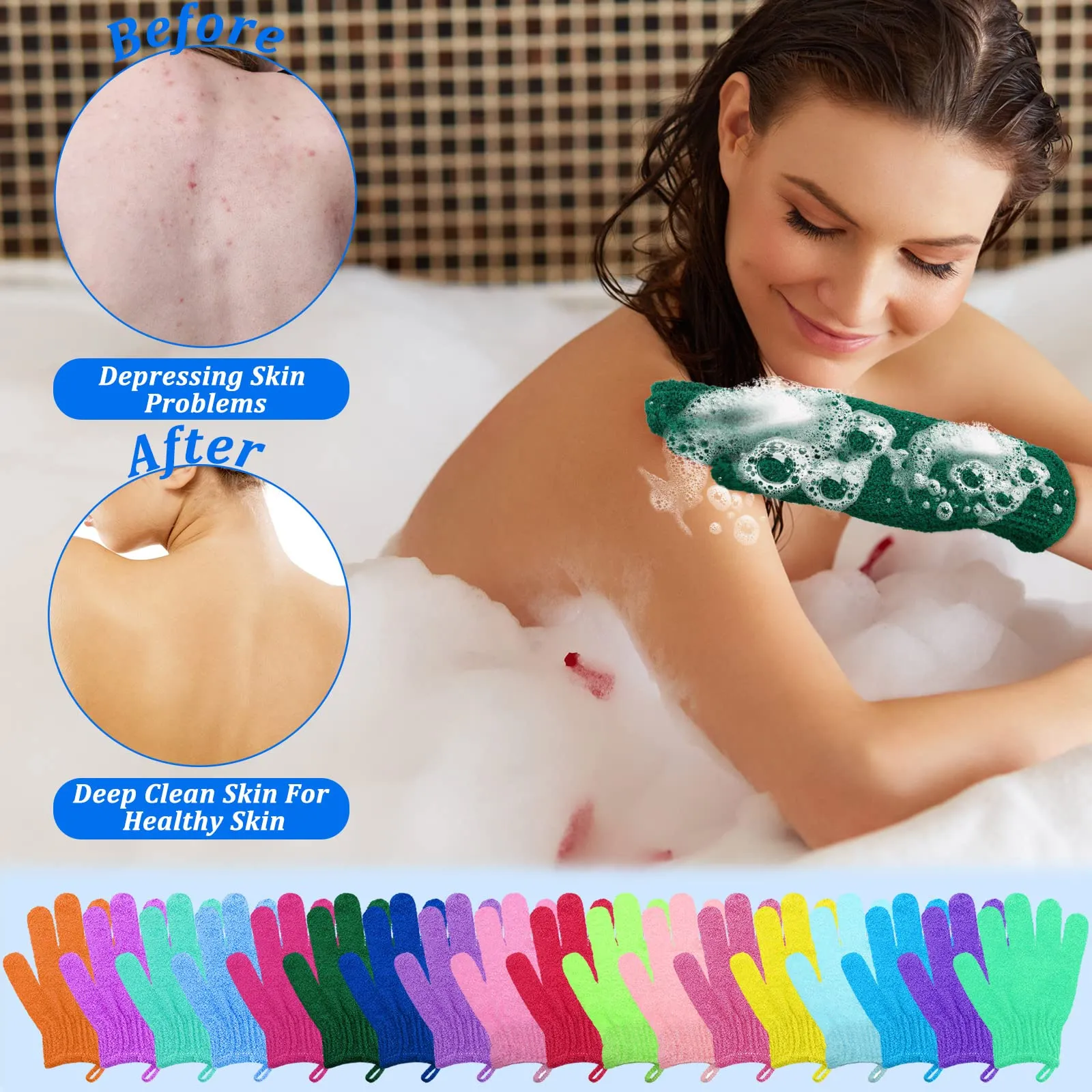 72 Pieces Exfoliating Glove Double Sided Shower Gloves with Hanging Loop Exfoliating Body Scrubber for Men Women Children Beauty Spa Massage Skin Shower Scrubber Bathing, 18 Colors