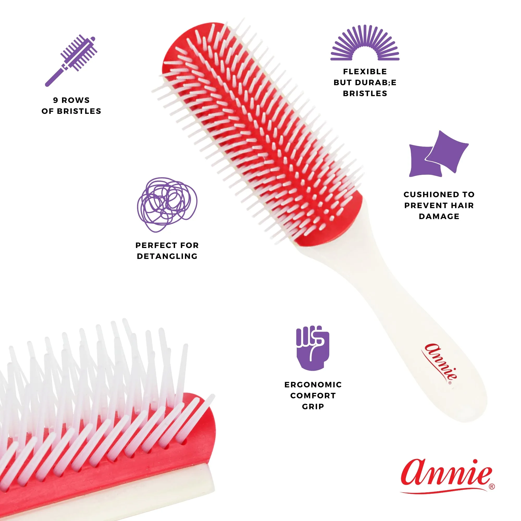 Annie Ergo Rubber Cushion Detangling Brush 9 Row