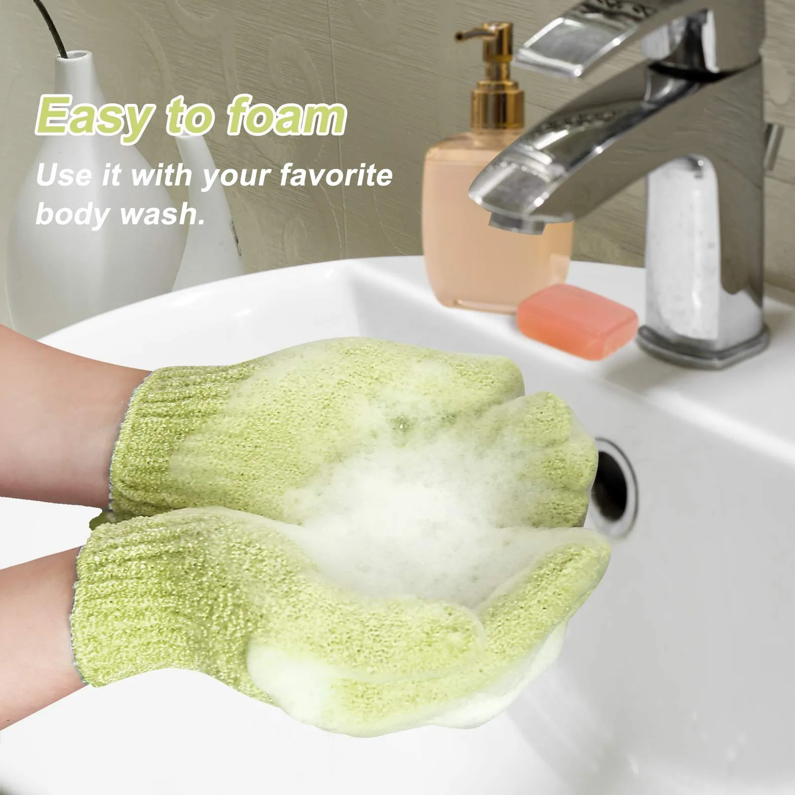 MIG4U Shower Exfoliating Scrub Gloves Medium to Heavy Bathing Gloves Body Wash Dead Skin Removal Deep Cleansing Sponge Loofah for Women and Men(1 Pair, Chartreuse)